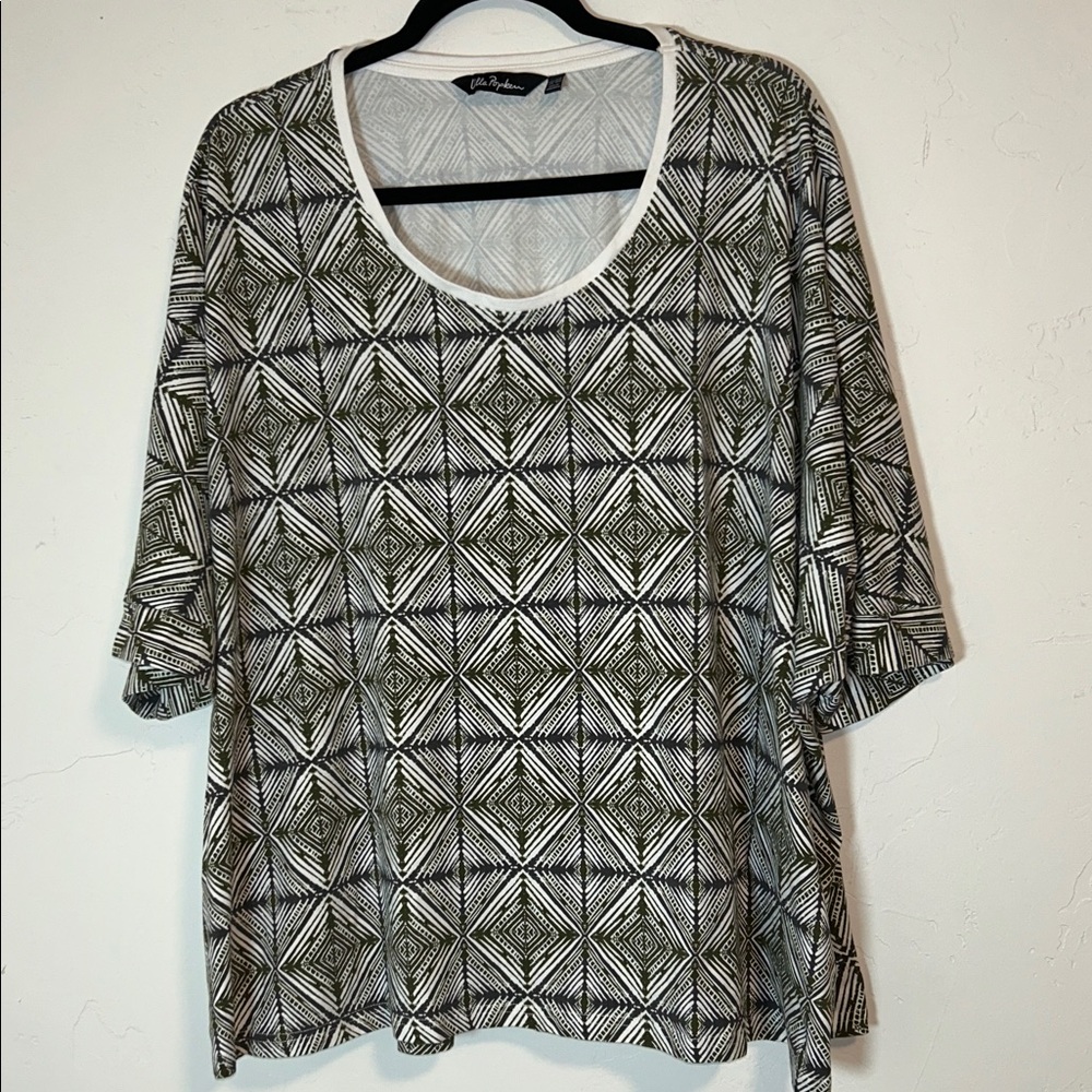 Ulla Popken 32/34 Gray Geometric Short-Sleeve Cotton Elastane Oversized Tee